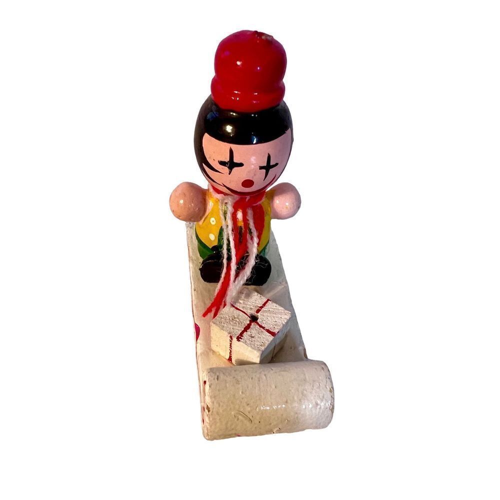 Vintage Wooden Child W Scarf on Sleigh W Present Christmas Ornament Hand Painted